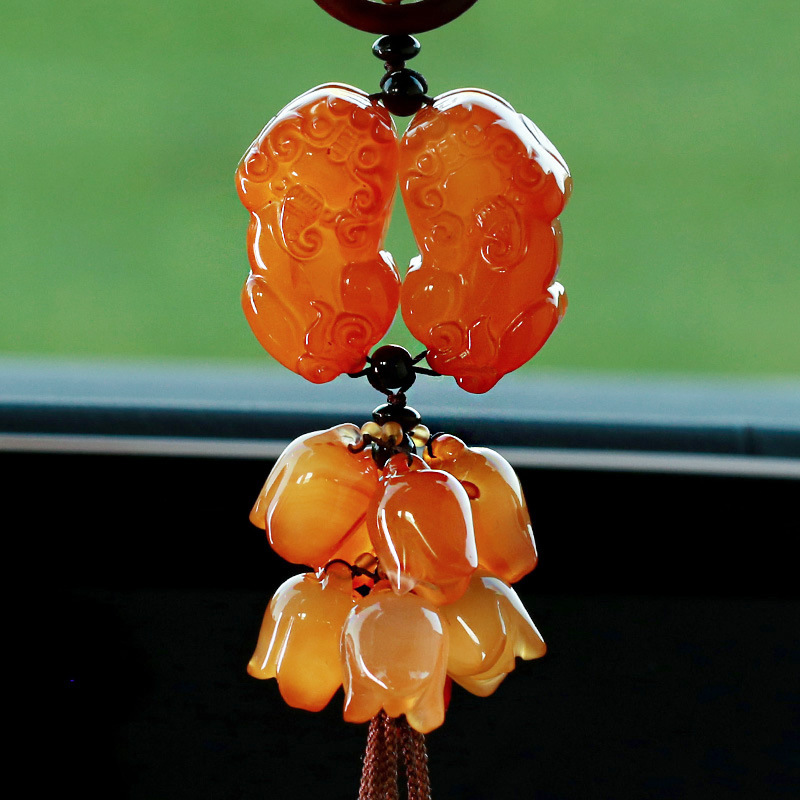 Natural water grass agate double pixiu jade meditated car hanging men and women car rearview mirror interior car pendant hanging ornaments Specification drawing