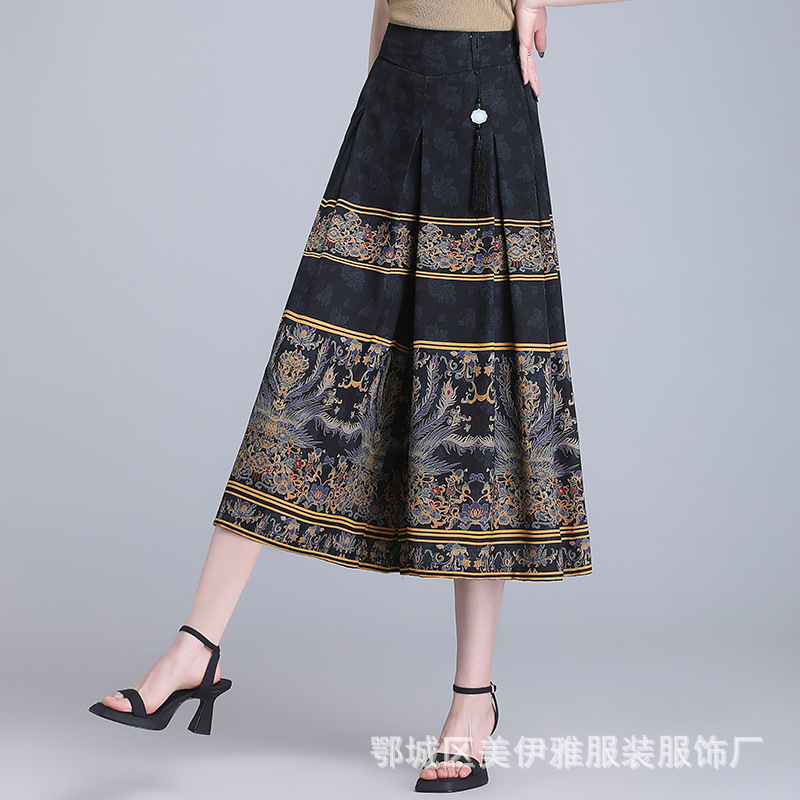 国潮国风阔腿裤女夏季薄款冰丝麻妈妈裤子高腰宽松定位印花裙裤七分裤