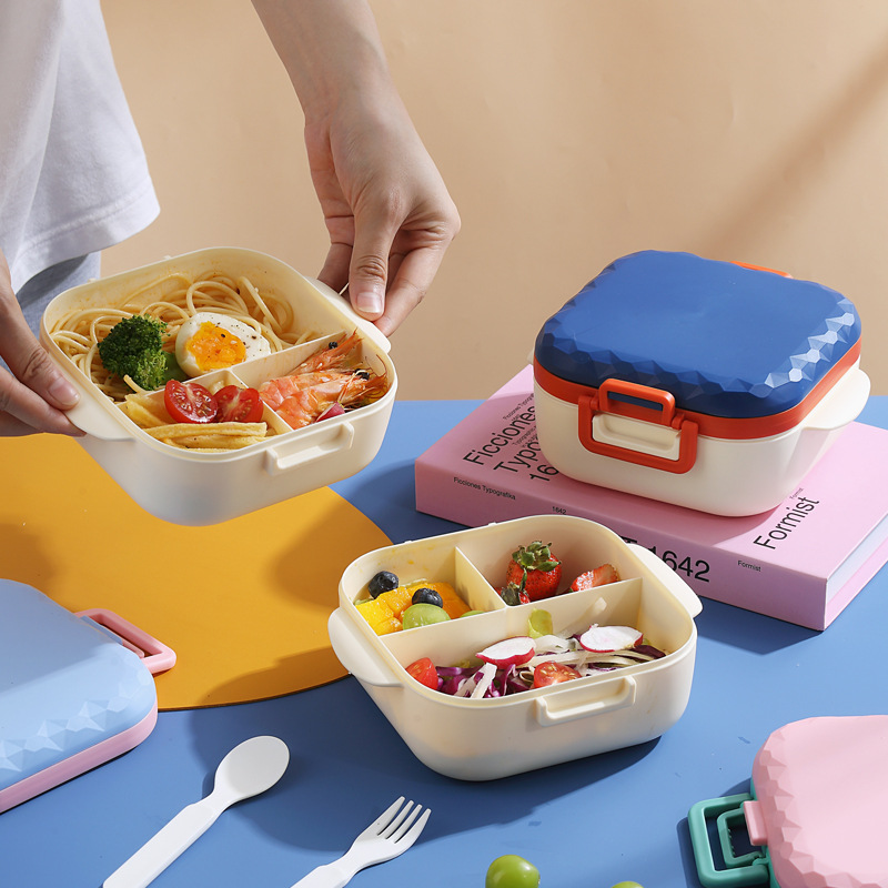 INS cuadrado compartidor caja de almuerzo de plástico con cubiertos caja de almuerzo portátil para estudiantes caja de bento microondas caja de ensalada