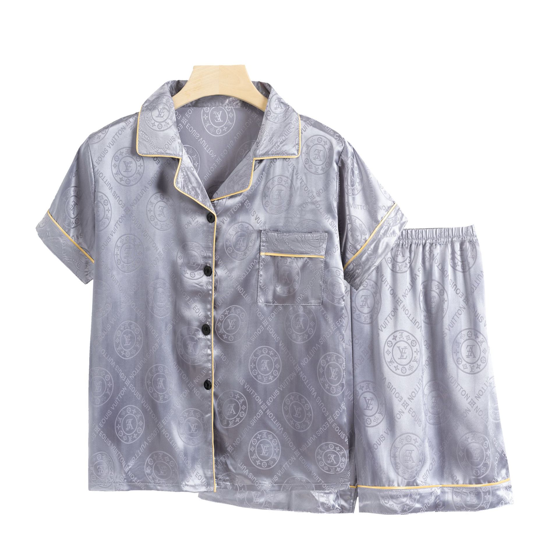 Couple pajamas, women's summer ice silk simple jacquard short-sleeved shirts, men's summer air-conditioned suits, home wear, imitation silk sets Item Picture