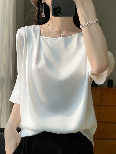 Summer New Ice Silk Short-Sleeved T-Shirt Women's Five-Quarter Sleeve Small Shirt Wearing Temperament Loose Clothing Ladies Silk Blouse