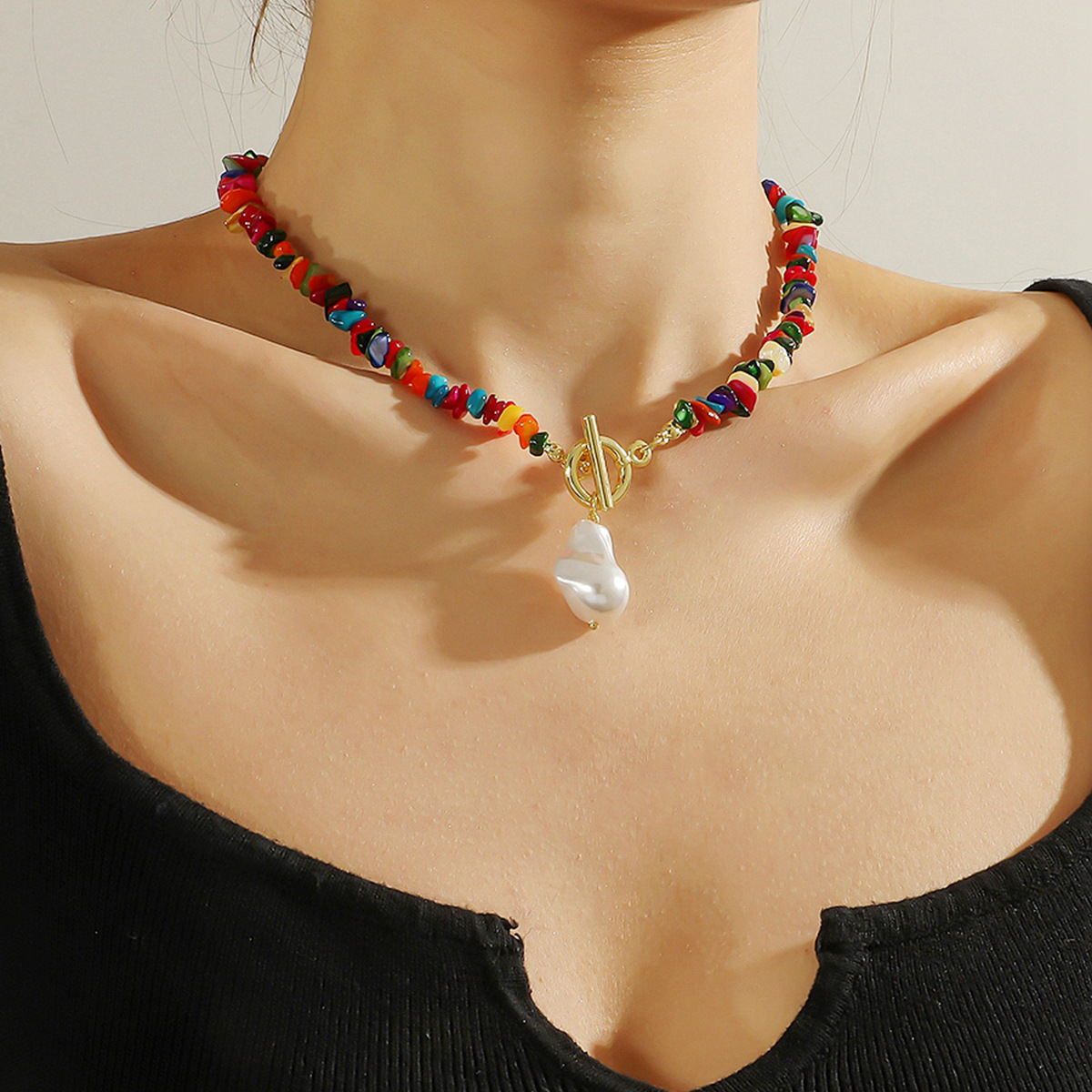 Summer cross-border explosive colorful transparent stone beaded necklace female personality simple pearl clavicle chain bracelet set Specification drawing