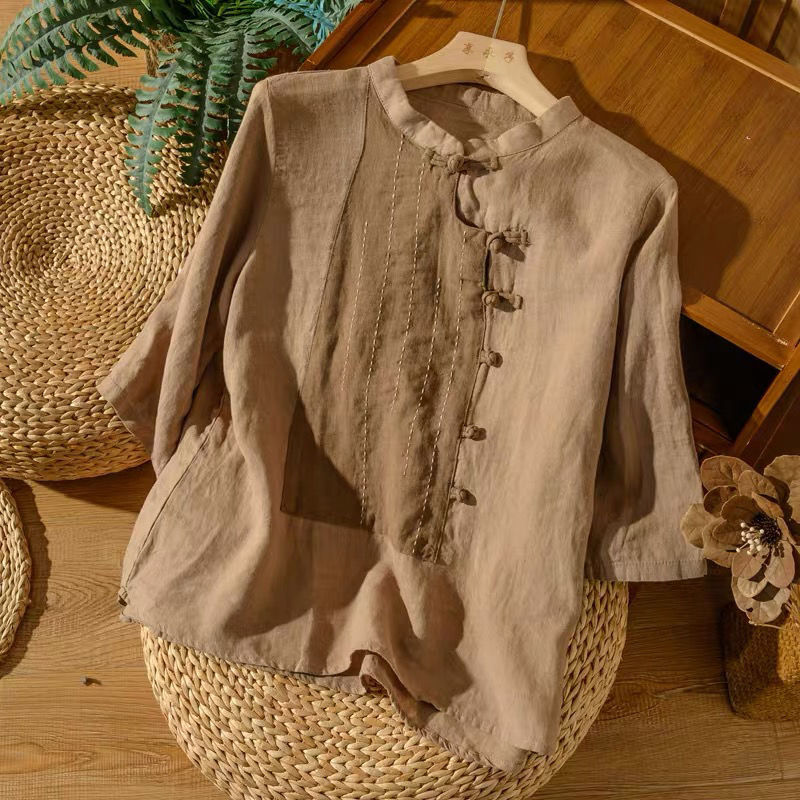 Chinese-style button-down cotton and linen top, women's shirt, three-quarter sleeve design, niche artistic, retro and ethnic style, versatile and trendy