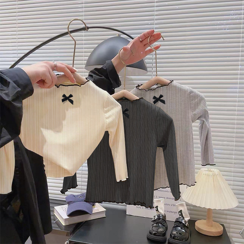 女童长袖T恤木耳边蝴蝶结长袖上衣2024秋季新款女宝宝百搭打底衫
