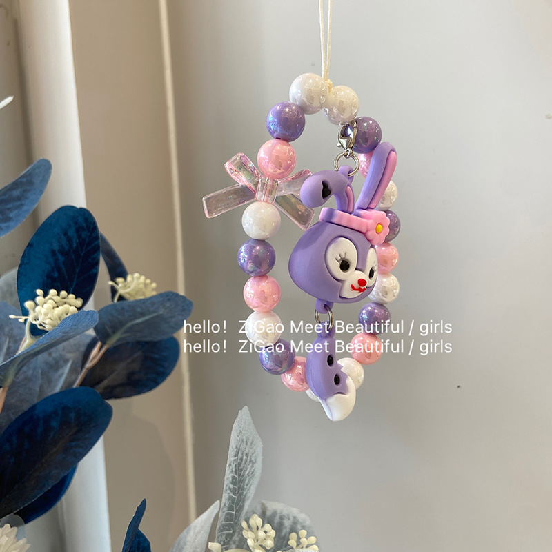 Cute Purple Rabbit Mobile Phone Chain Girl Round Beaded Beaded Anti-Loss Mobile Phone Case Pendant Diy Jewelry Spot Wholesale