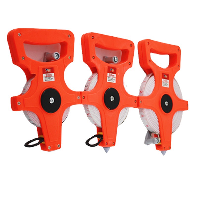 Factory goods fiber tape measures 30m, 50m, 100M, hand-held plastic red frame ruler, hand-cranked floor-standing type PVC steel tape measure Item Picture