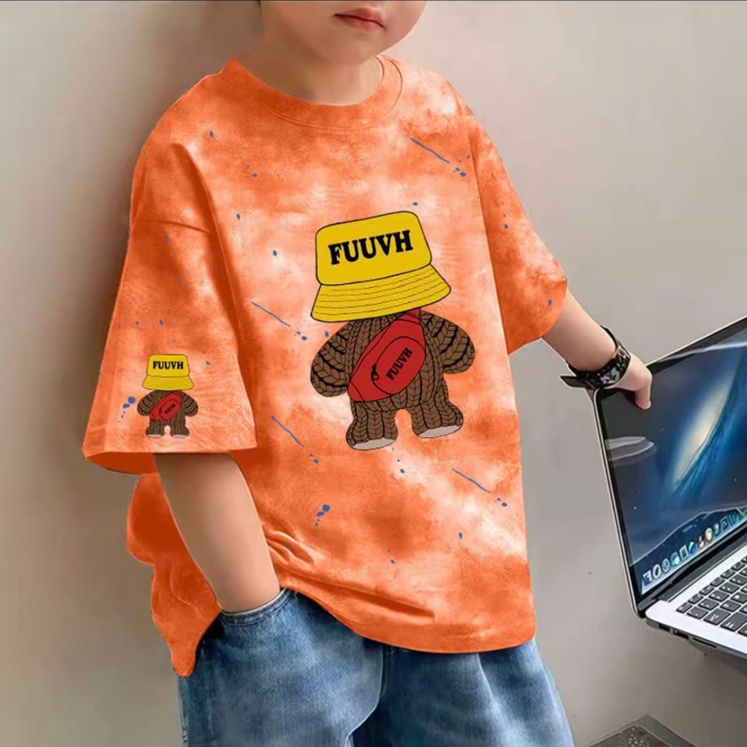 Tie-dyed cartoon children's short-sleeved pure cotton T-shirt, new summer style for boys and girls, round-neck half-sleeved base layer top, trendy T-shirt delivery Specification image