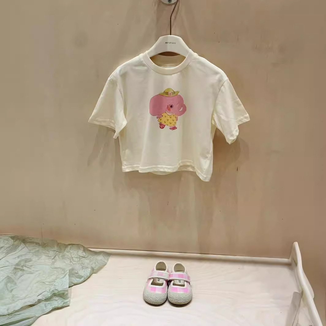2024夏季新款韩版童装 女童卡通小象印花短袖T恤宝宝洋气上衣爆款