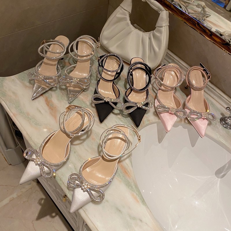 heels凉鞋2024春款女士水钻蝴蝶结女鞋批发细跟包头法式绝美凉鞋
