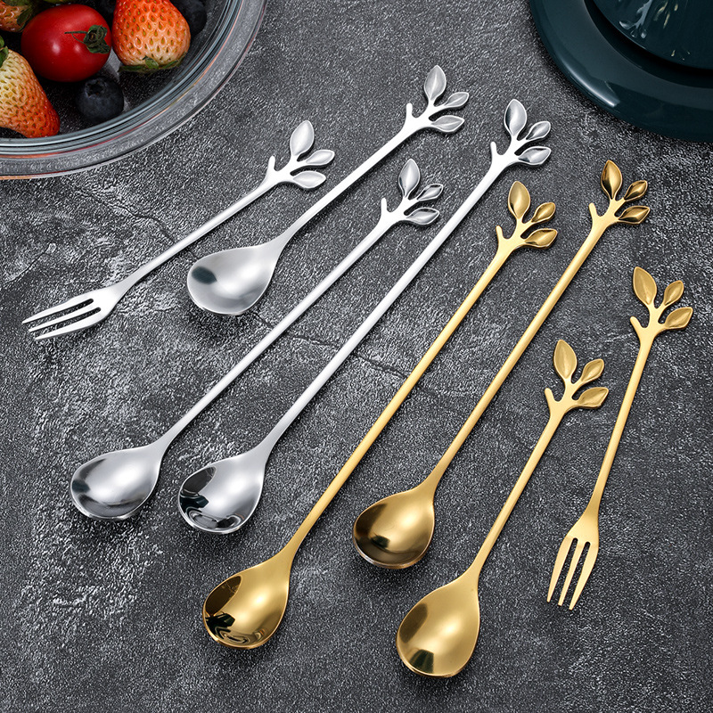 不锈钢创意高颜值树叶勺叉调羹咖啡勺家用餐勺长柄搅拌勺甜品叉子