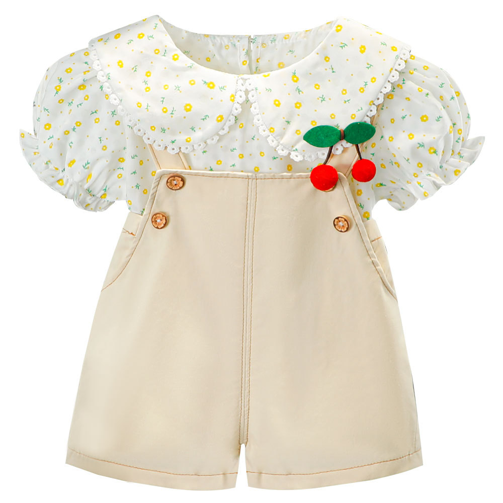 Summer new children's set, cross-border delivery of children's clothing, two-piece set of cute baby collar, shoulder strap shorts Item Picture