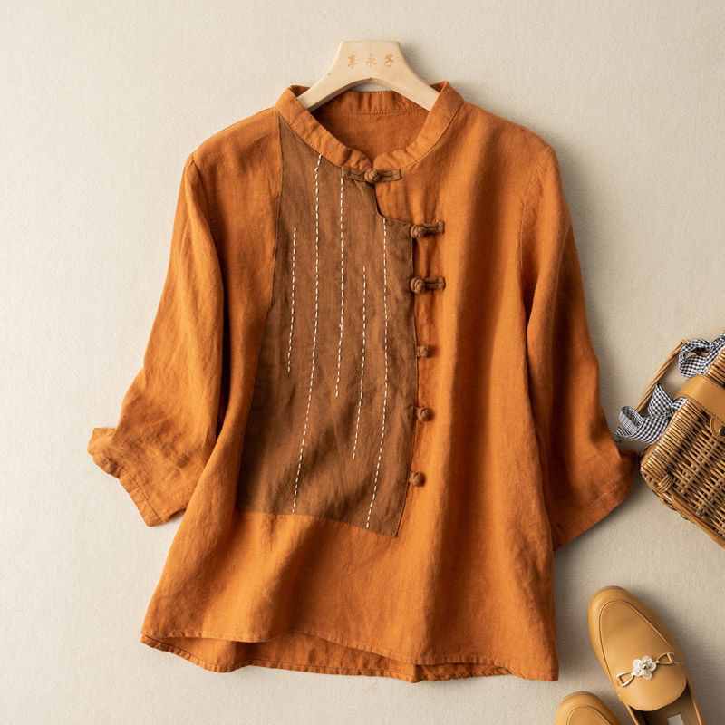 Chinese-style button-down cotton and linen top, women's shirt, three-quarter sleeve design, niche artistic, retro and ethnic style, versatile and trendy Specification image