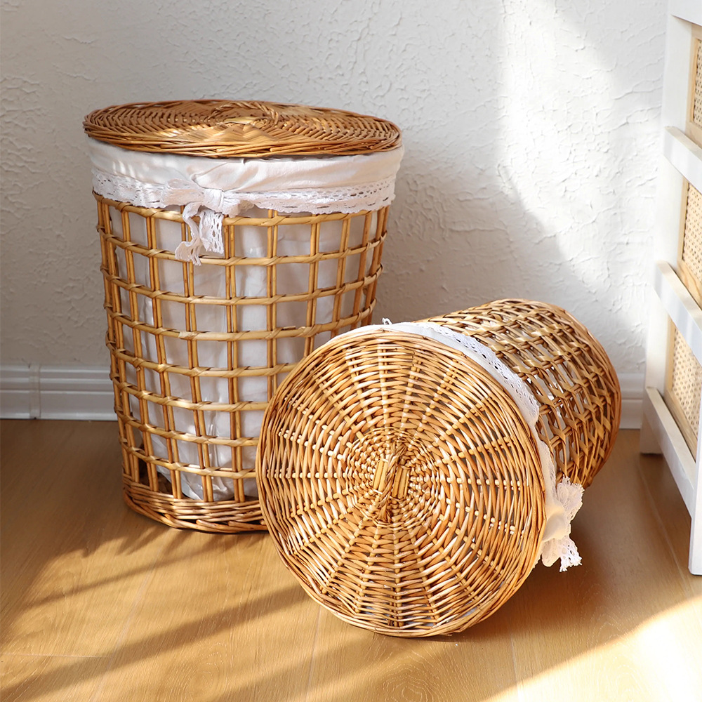 Willow and rattan woven storage basket, dirty clothes basket, round dirty clothes basket, hand-woven storage frame, deep basket, laundry basket, large size
