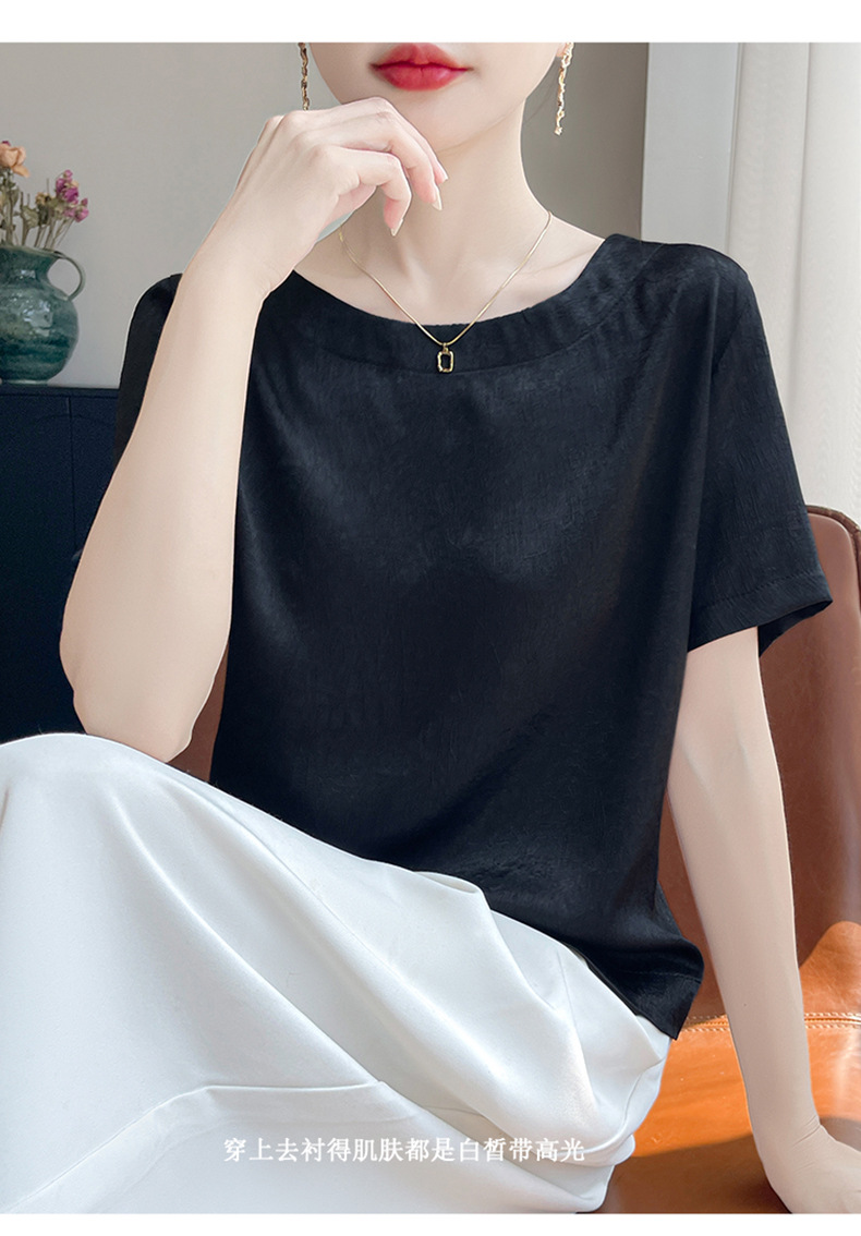 短袖t恤女装夏高级感大码胖M减龄遮肚子醋酸缎面正肩真丝小衫上衣详情28
