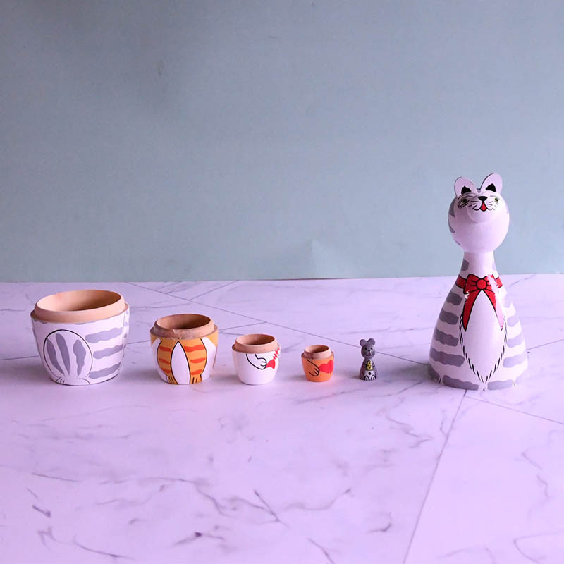 Russian Matryoshka five-layer long-necked cat Matryoshka holwood ground painted decorative items, painted wood handicrafts in stock Specification image