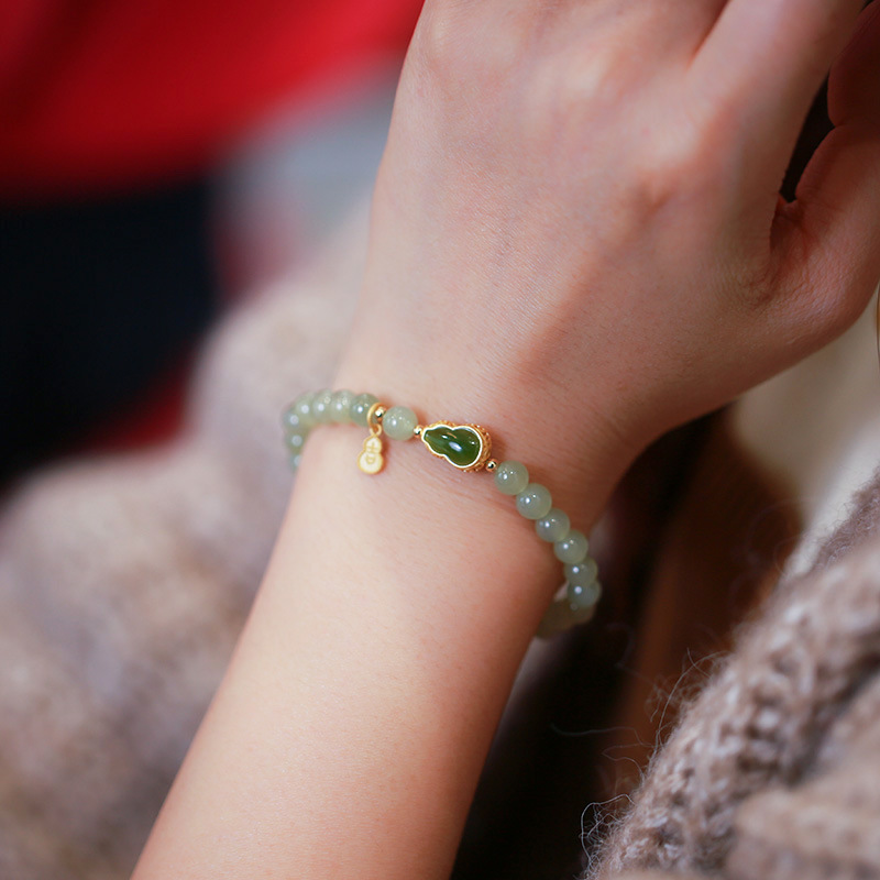 Original design 6mm Hetian jade round bead single-loop bracelet, Chinese-style Hetian jade gourd silver gold-plated bracelet for women details Picture