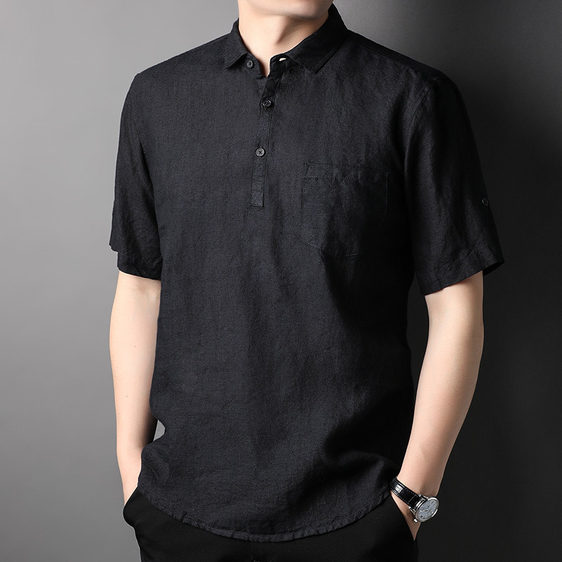 100% linen short-sleeved T-shirt, men's lapel, solid color, breathable, new summer Chinese-style, trendy top for middle-aged and young people Specification image