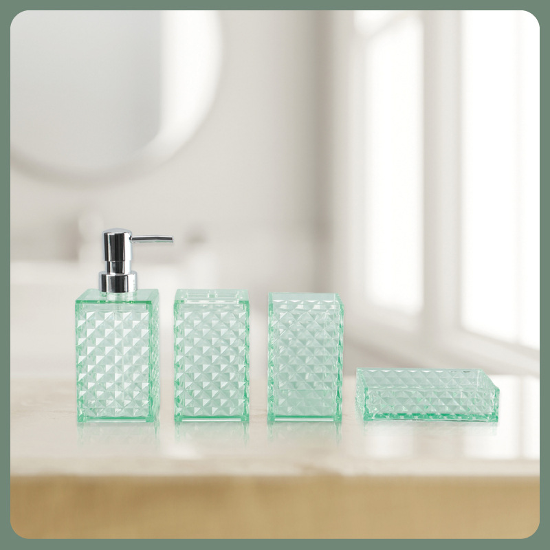 透明菱形格纹卫浴整理收纳套装按压式乳液瓶漱口杯牙刷架肥皂碟