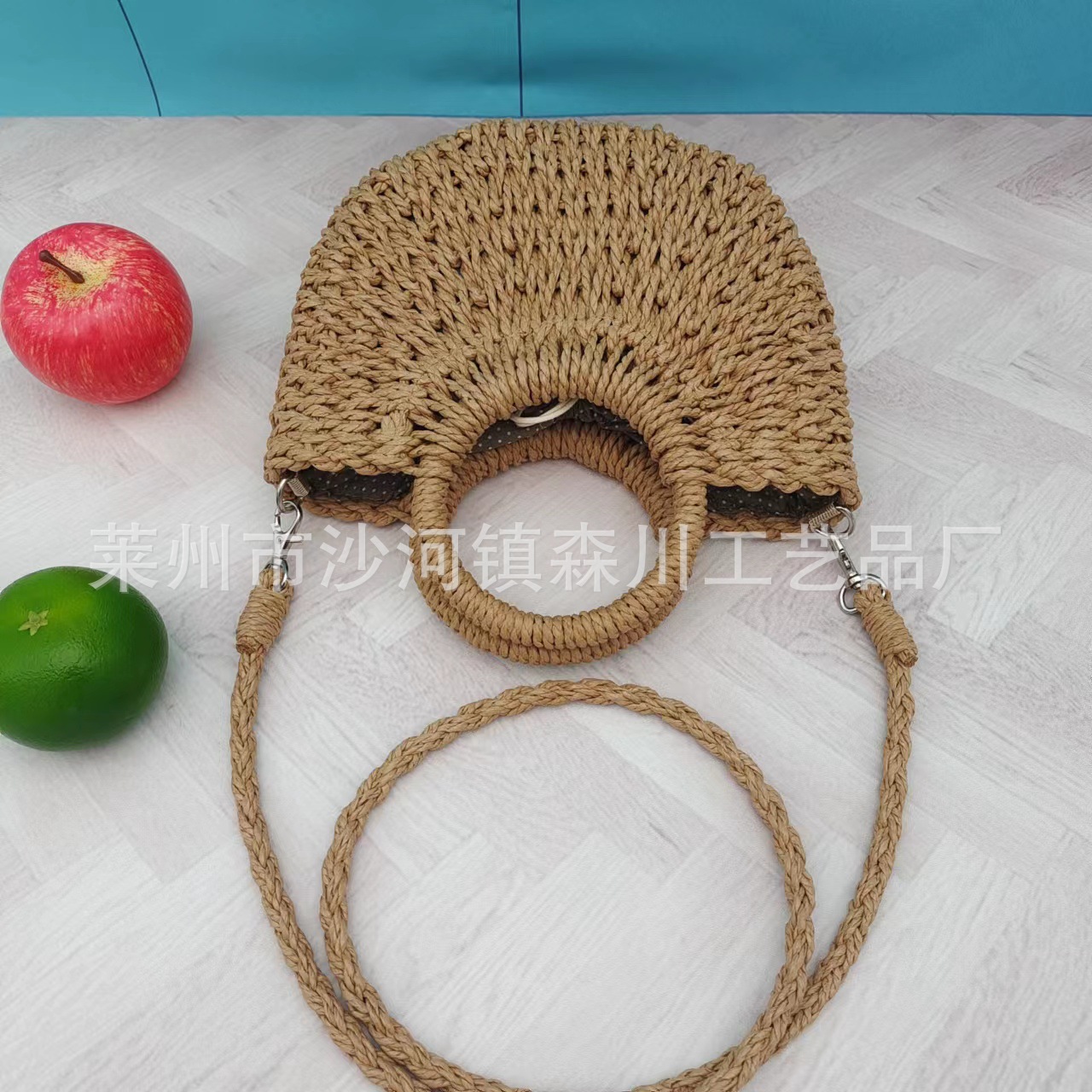 Wholesale Supply Of Semi-Circular One-Shoulder Moon Bag Straw Bag Women's Handbag Paper Rope Braided Small Round Bucket Bag Specification drawing