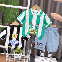 2024 summer new boys vertical bar round neck short sleeve suit for boys casual polo denim shorts two-piece set