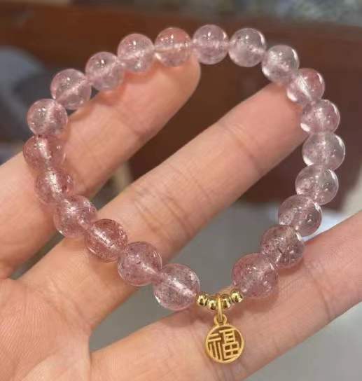Strawberry crystal and pink crystal double combination bracelet Hanging Good Fortune brand natural strawberry crystal jewelry Item Picture