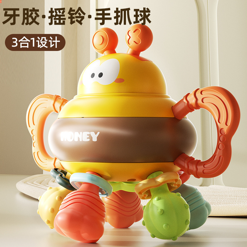 Cartoon bee handbell Manhattan ball 1-3 years old hand grip ball Baby teether 3-in-1 Soft teether ball details Picture