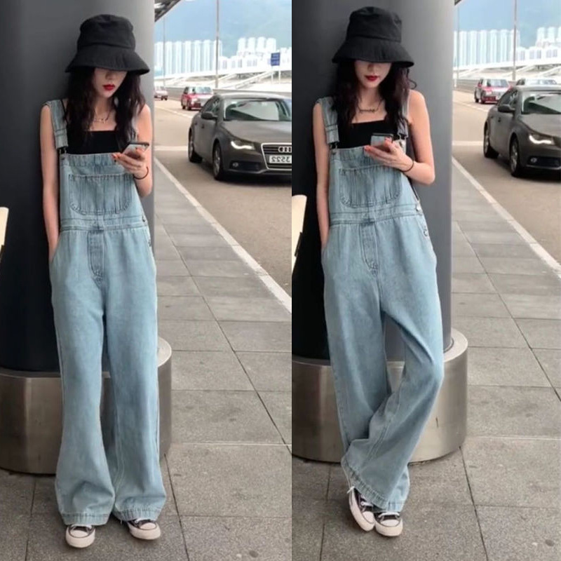 Net Red Mopping Pants 2024 Spring And Summer New Pants Korean Version Of Loose Large Size High Waist Wide Leg Jeans Suspenders Women