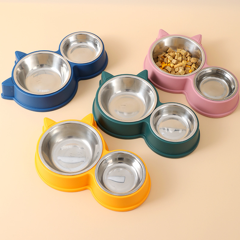 Wholesale cat-shaped double-bowl stainless steel cat bowls, home-style cat basins, one-piece double-bowl cat bowls, pet bowls