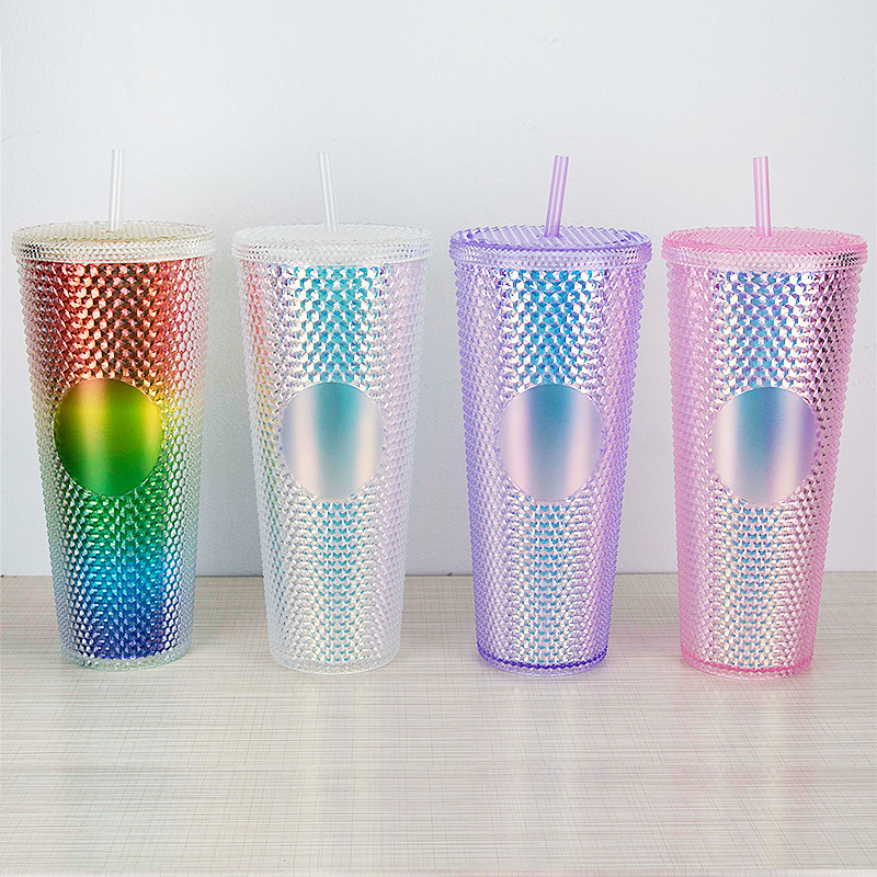 Cross-Border Diamond Durian Straw Cup Large Capacity Double Colored Plastic Cold Drink Cup Net Red Color Gradient Durian Cup details Picture