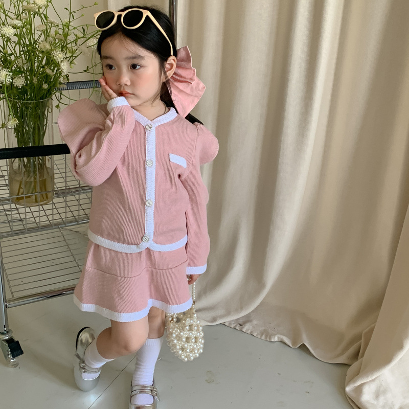 跨境童装女童22秋季新品韩国宝宝小香风针织开衫半身裙两件套套装图
