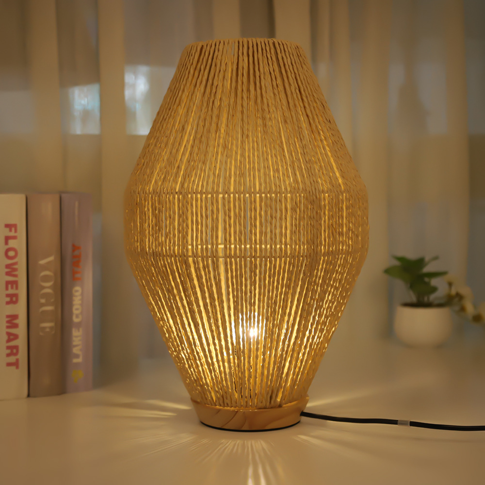 Retro paper woven lampshade table lamp, Japanese simple and warm warm light, atmosphere decorative light, study, bedroom, bedside lamp Application Scenario