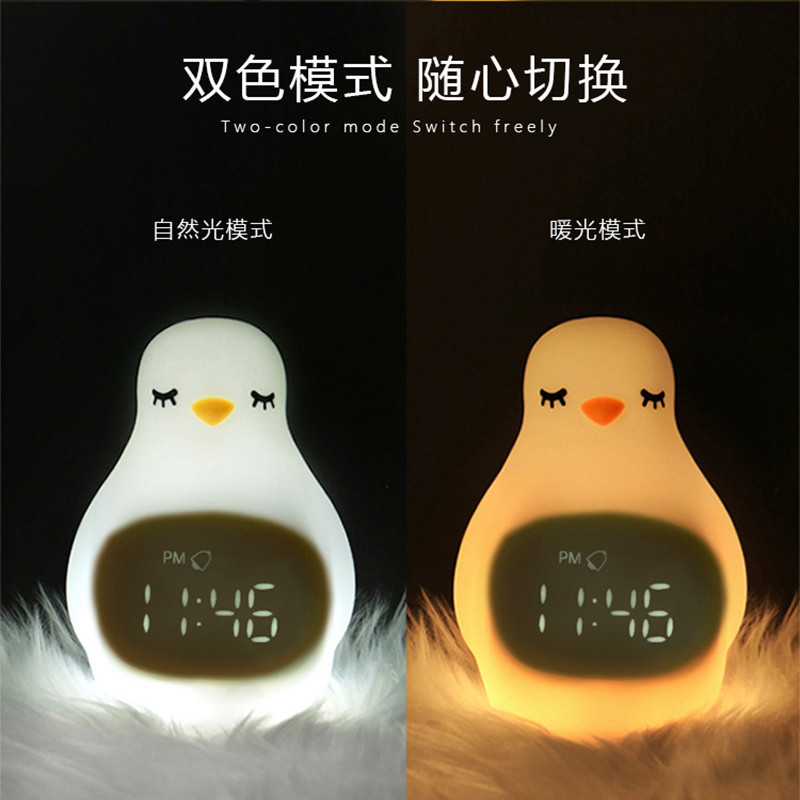 Super cute led alarm clock with penguin silicone patter light, multi-functional usb charging with night light, student snooze alarm clock Application Scenario