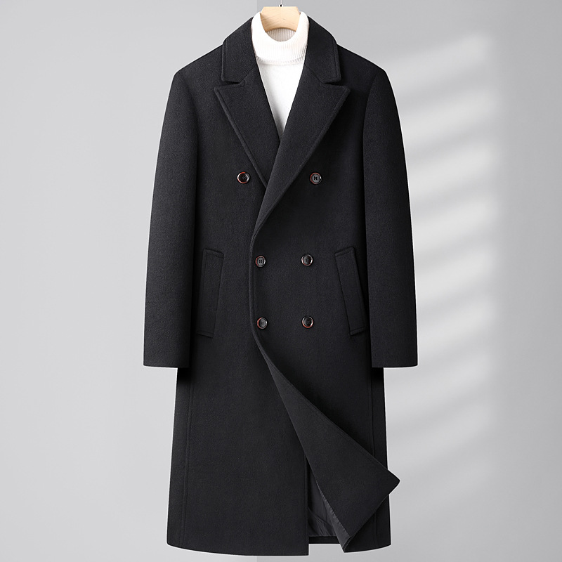 New autumn and winter woolen overcoat for men, knee-length long double-breasted diagonal pocket business casual wool coat for men details Picture