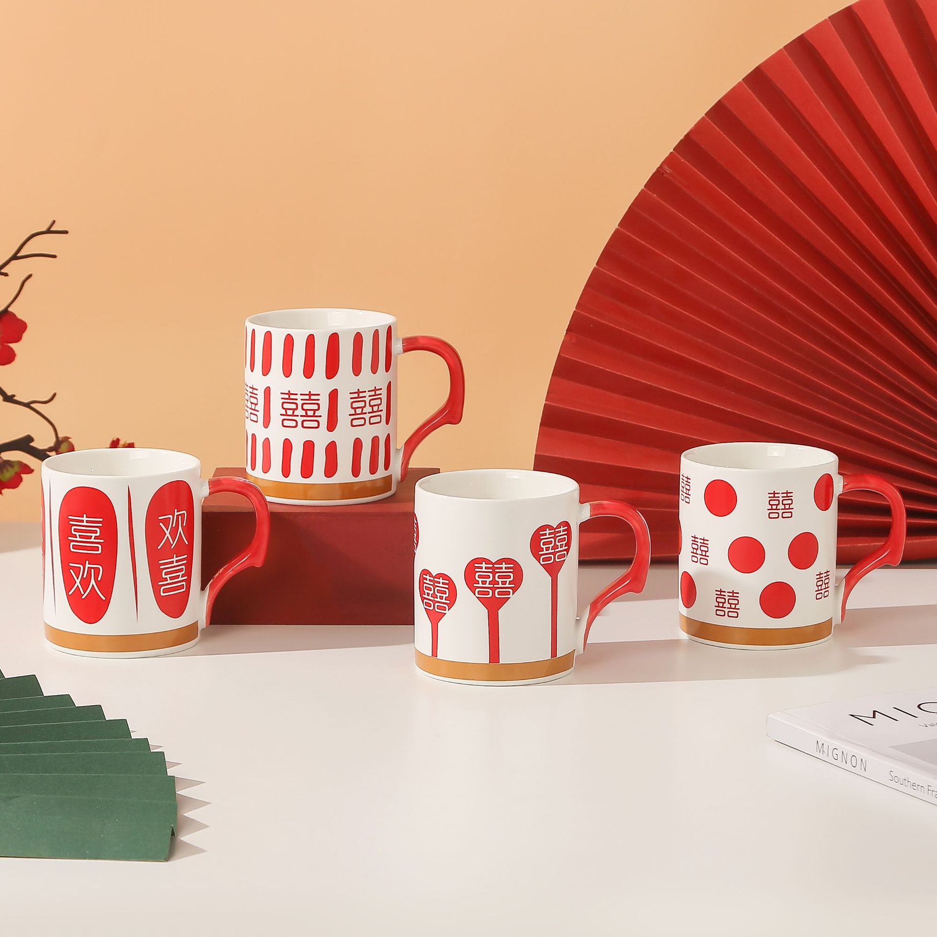 A retro, high-appeal, red, festive, "Xi" character ceramic mug for wedding gifts
