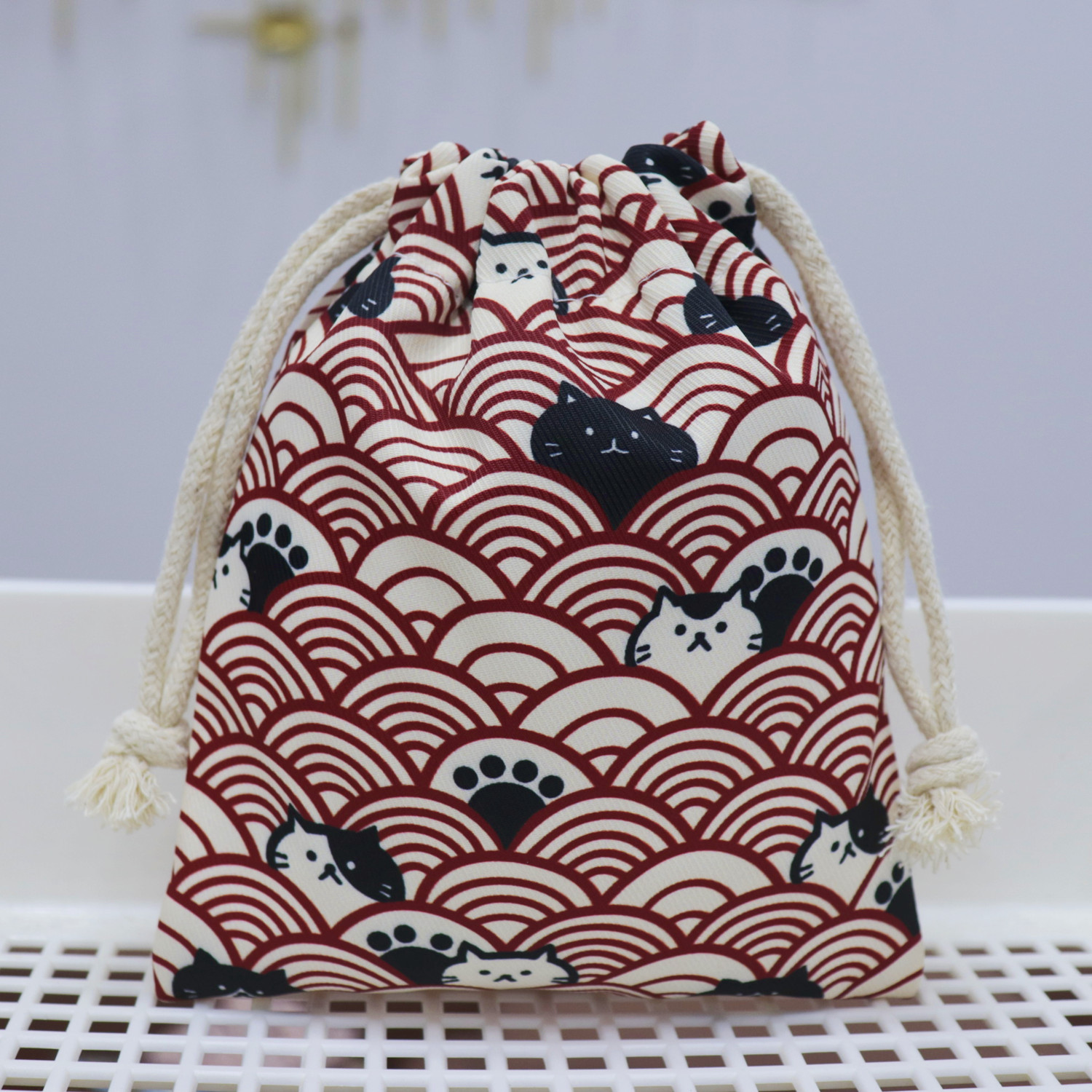 国潮风束口袋抽拉绳零钱包卫生棉收纳化妆笔拉链手机大容量布艺女