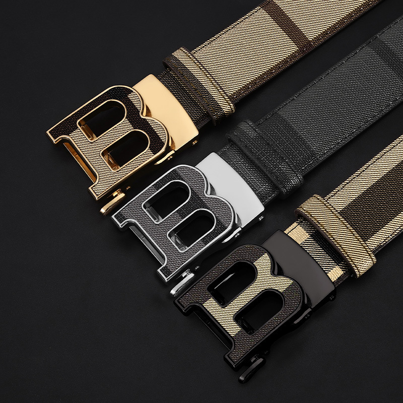 Men's belt letter B alloy automatic buckle checkered strip, trendy business fashion men's belt in stock wholesale