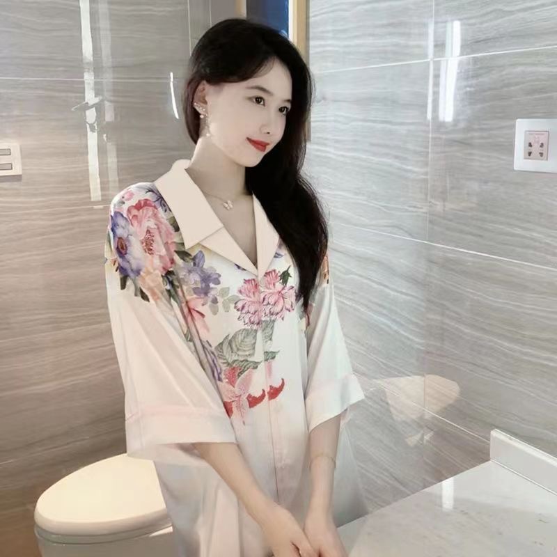 春夏秋季印花翻领衬衫睡裙家居服新款网红直播开衫超柔缎冰丝批发