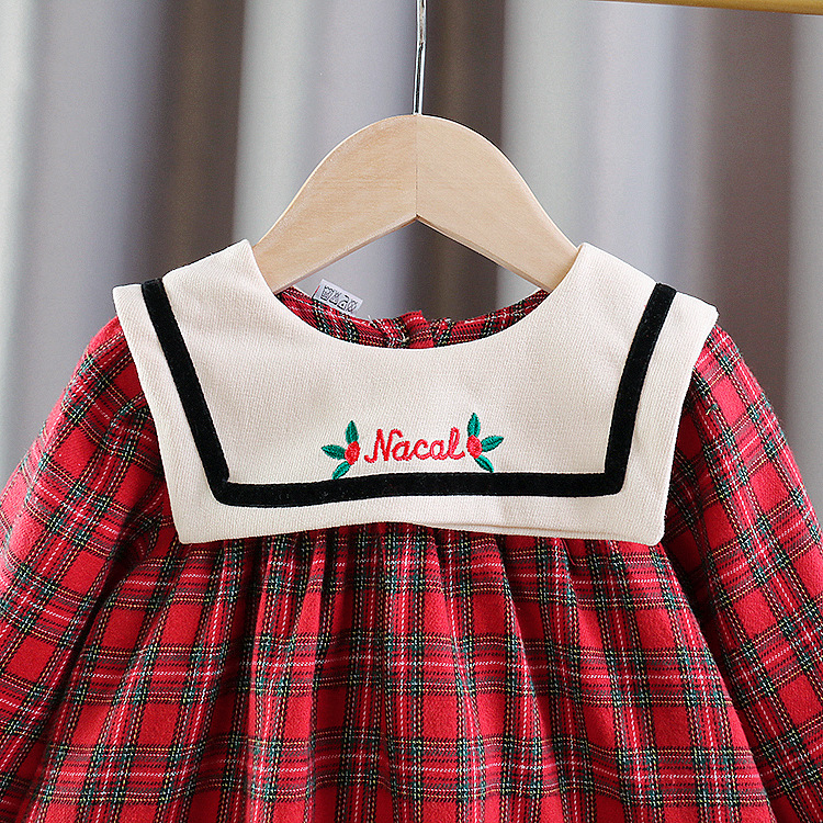 New autumn 2022 girls' long-sleeved dress, children's school style, navy collar princess dress, baby checkered dress Application Scenario