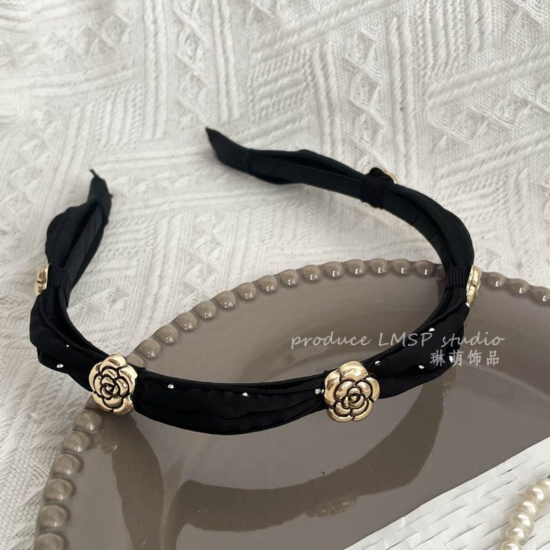 Superior sense spring Summer black tie small fragrance pearl hair band Hair accessories High cranio-top female headband bow wide edge hair grottoes Specification drawing