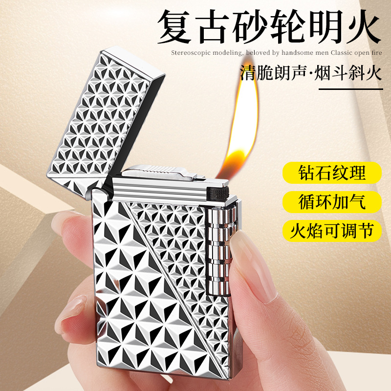 A new type of metal inflatable pipe lighter with diamond texture and a loud slanting flame grinding wheel. A gift for your father details Picture