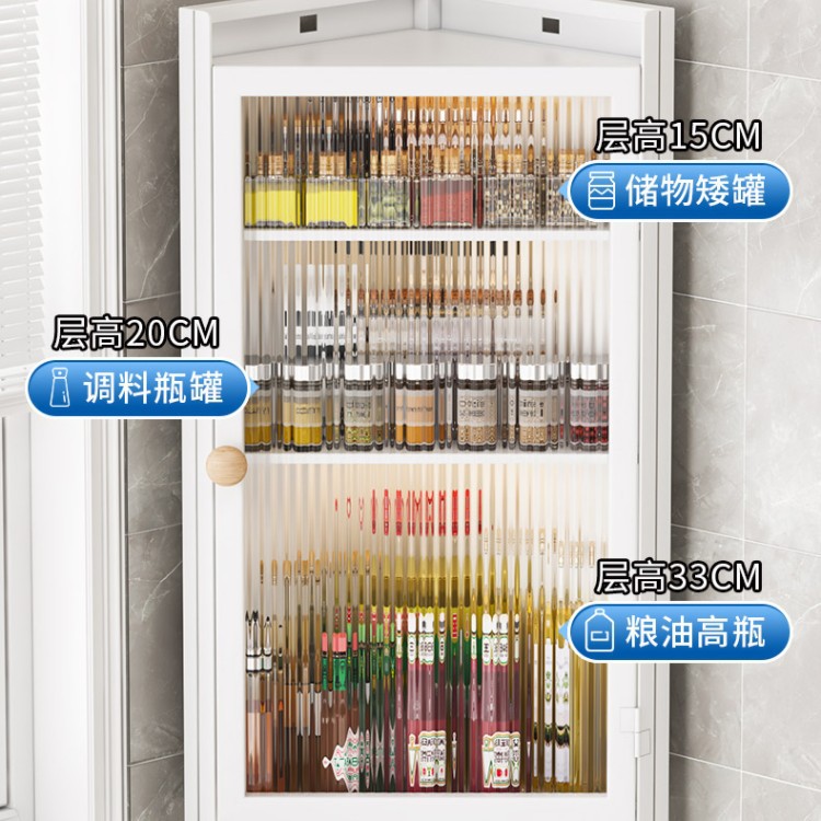 Kitchen Shelf Corner Triangle Cabinet Condiment Counter With Cabinet Door Dustproof Corner Condiment Rack Multi-Layer Storage Cabinet Specification drawing