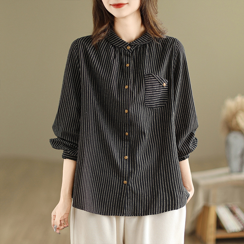 Artistic cotton and linen striped long-sleeved shirt for women, loose 2024 autumn new style plus-size top, loose and slimming shirt for women Application Scenario