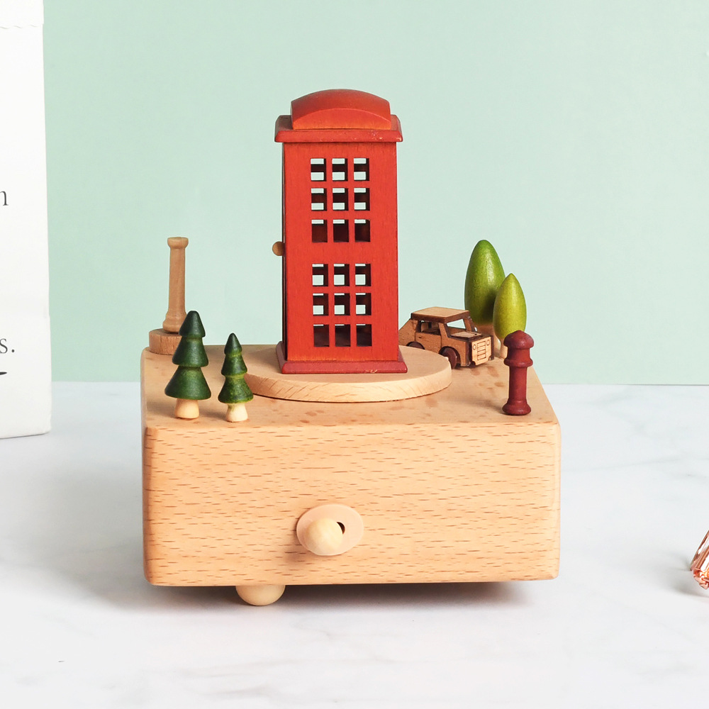 Cross-border engraved yunsheng music box, phone booth, red British-style music box, wooden handicrafts and ornaments Specification image