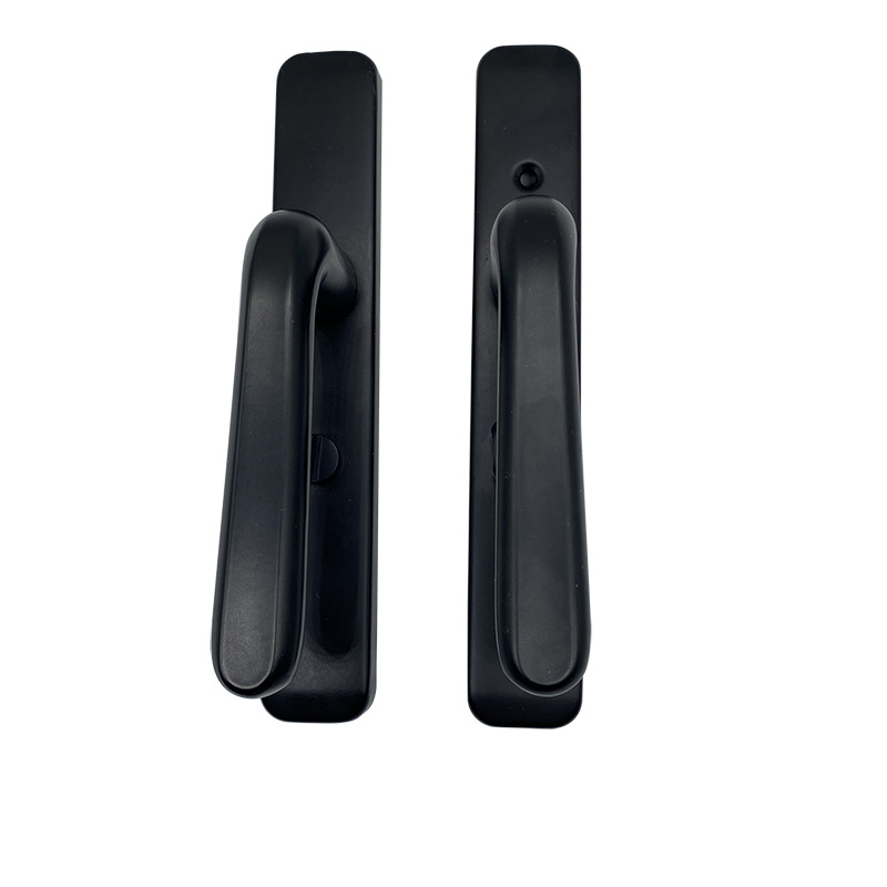 The universal bathroom door lock is black with a narrow surface and narrow edge, with a hole spacing of 110. It is made of aluminum alloy for the bathroom and is keyless and narrow Specification image