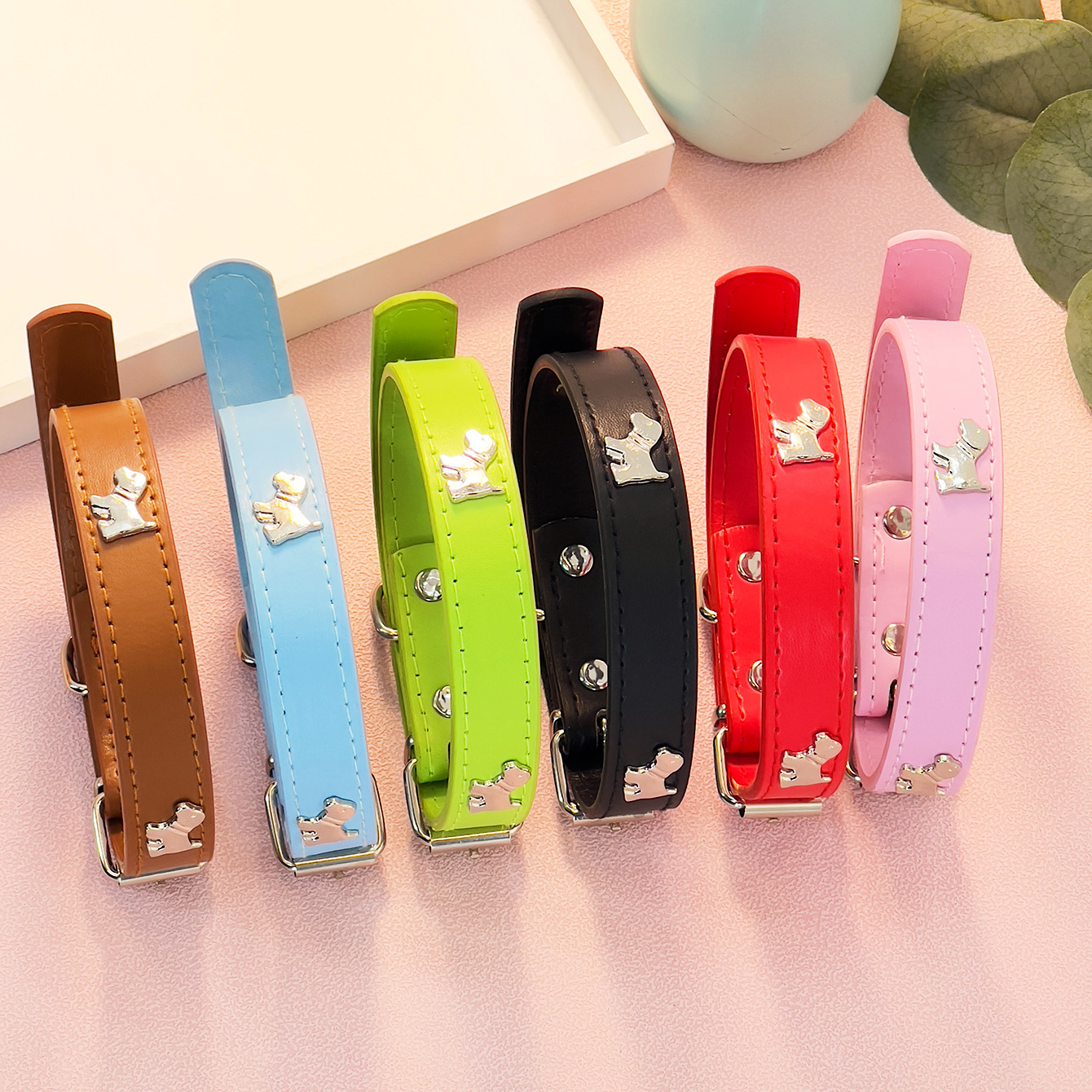 宠物项圈中小型狗狗颈圈质感PU皮革 不锈钢小狗配饰 可搭配牵引绳