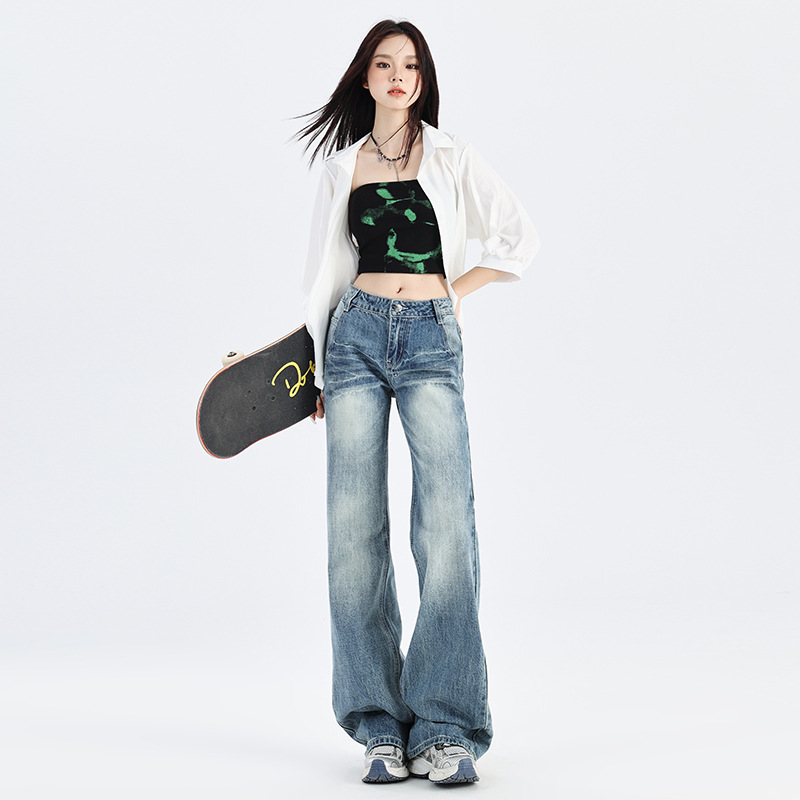 美式复古低腰牛仔裤女2024新款秋季宽松阔腿设计感裂纹微喇慵懒风