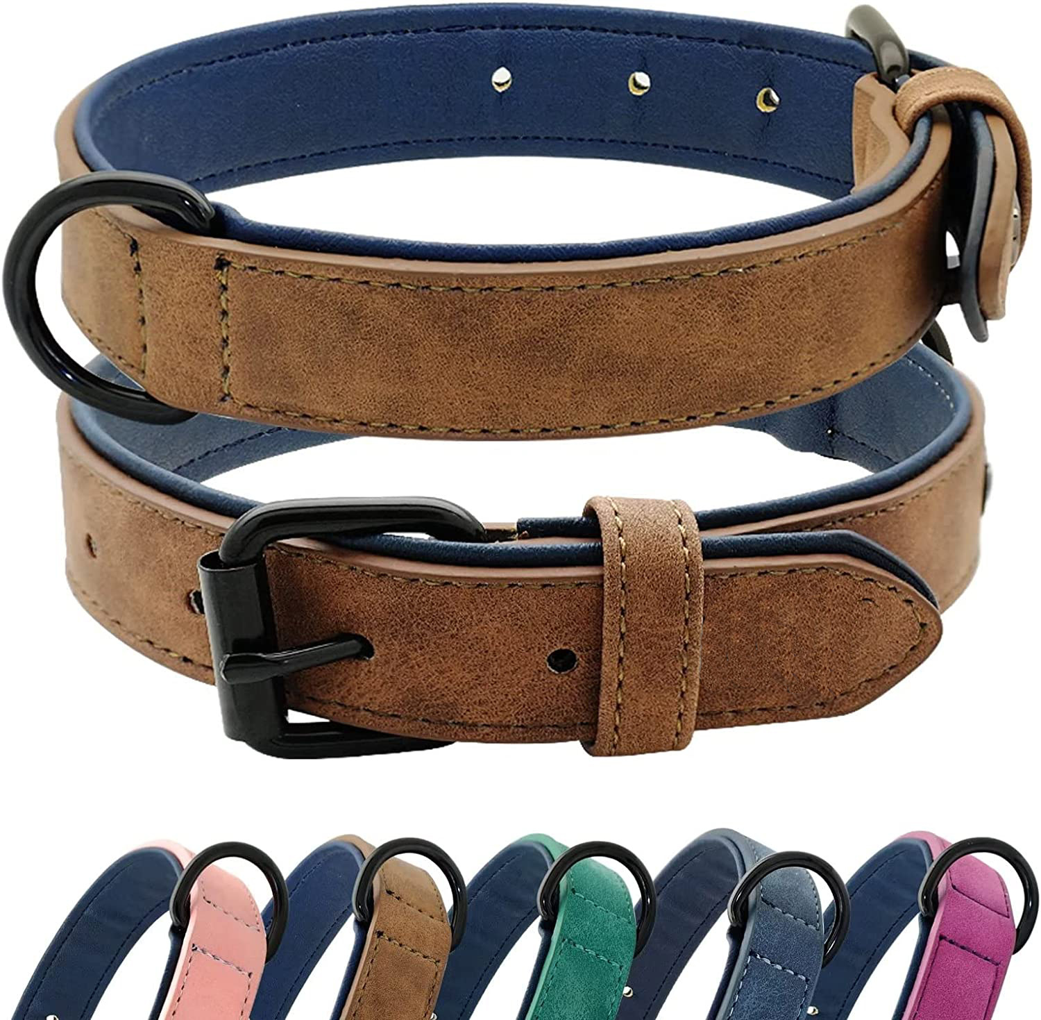 Cross-border new product: Soft cushion leather dog collar, breathable heavy-duty dog collar, leather strap, adjustable anti-rust metal buckle, PU Item Picture