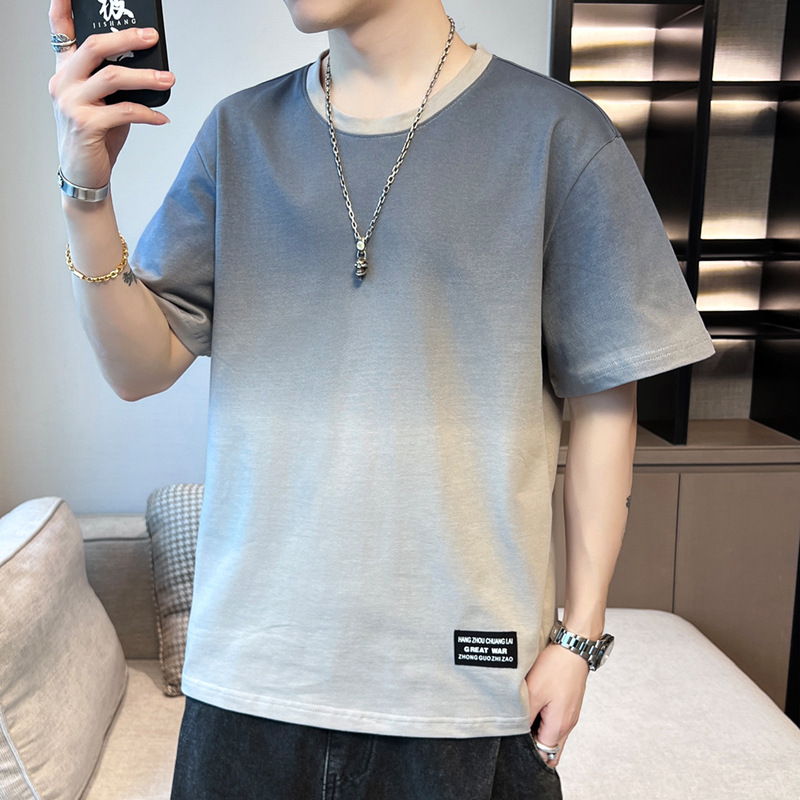2024 New summer men's trendy loose wear, a student short-sleeved T-shirt and top with a round neck and gradient color, five-quarter sleeves details Picture