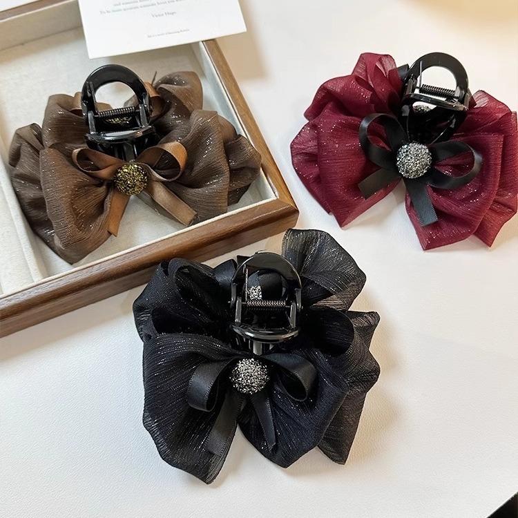 Red New Year Hair Accessories Net Gauze Bubble Bow Clip Korean Elegant Hair Clip Shark Clip Advanced Sense details Picture