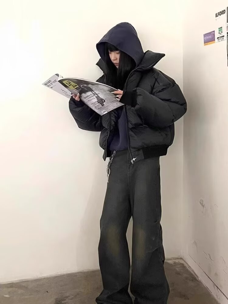 潮牌纯色加厚立领面包服冬季男装欧美辑格设计宽松保暖羽绒棉外套详情5